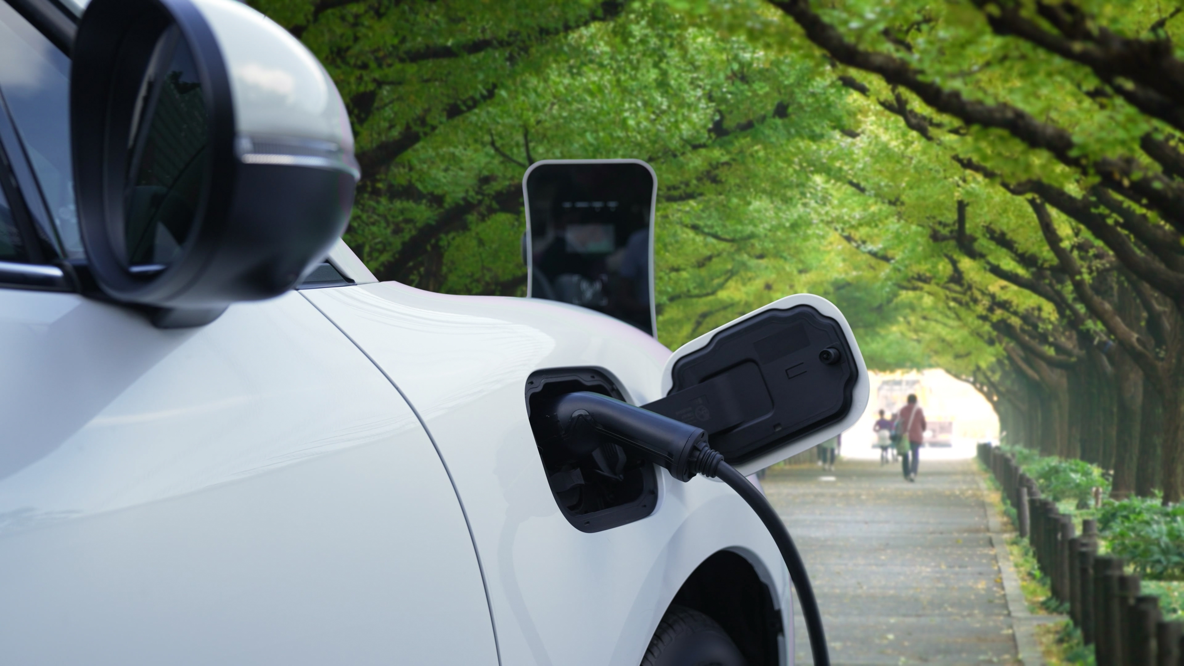 Progressive electric car parking in the city park with green trees and nature. Electric vehicle recharging battery at charging station at park with woods and people. EV car power by clean energy.; Shutterstock ID 2235433609; purchase_order: ; job: 11797809; client: Hertz US; other: Anastasiia