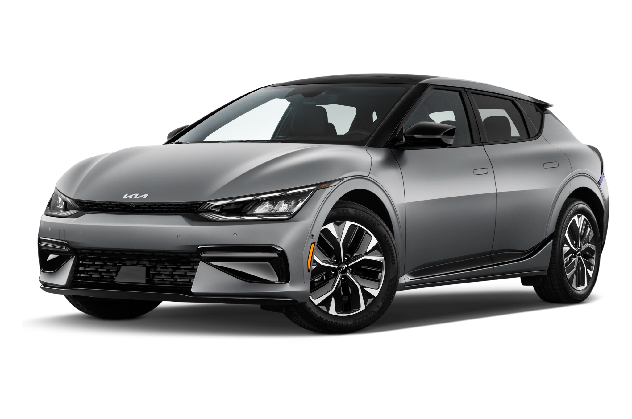Stock pictures of low aggressive front three quarter view of 2023 Kia EV6 GT-line 5 Door 2WD SUV