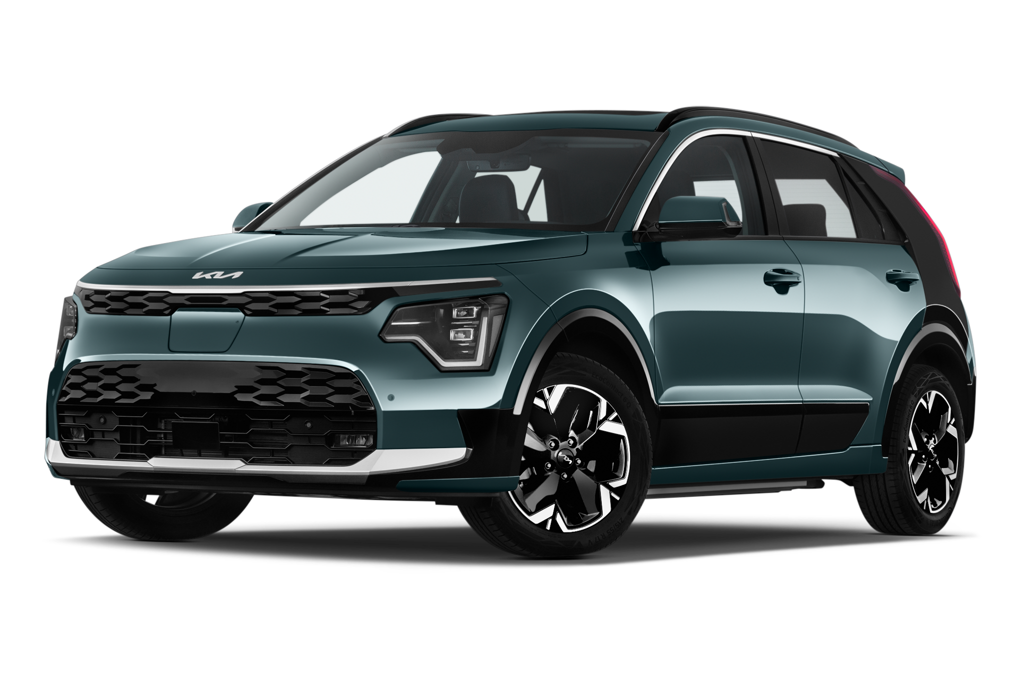 Stock pictures of low aggressive front three quarter view of 2023 Kia Niro EV Pace 5 Door 2WD SUV